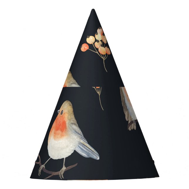 Robins, rowan berries, winter watercolor pattern. party hat (Front)