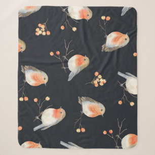 Robins, rowan berries, winter watercolor pattern. sherpa blanket