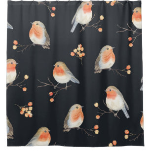 Robins, rowan berries, winter watercolor pattern. shower curtain