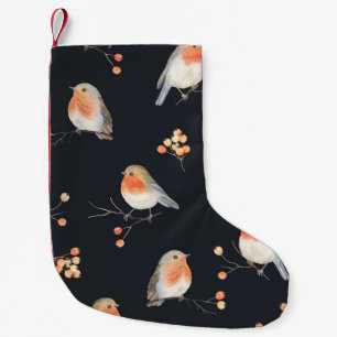Robins, rowan berries, winter watercolor pattern. small christmas stocking