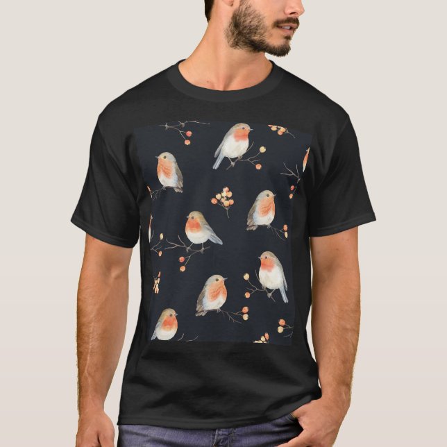 Robins, rowan berries, winter watercolor pattern. T-Shirt (Front)