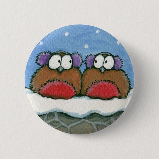Robins Wearing Earmuffs - Festive Robin Art Button (Front)