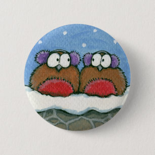 Robins Wearing Earmuffs - Festive Robin Art Button