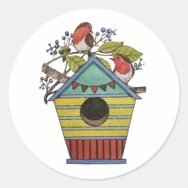 Robins With Blueberries And Birdhouse Art Classic Round Sticker (Front)