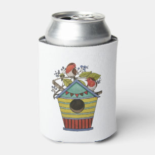 Robins With Blueberries And Birdhouse Can Cooler