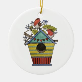 Robins With Blueberries And Birdhouse Christmas Ornament