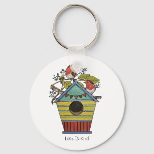 Robins With Blueberries And Birdhouse Key Ring