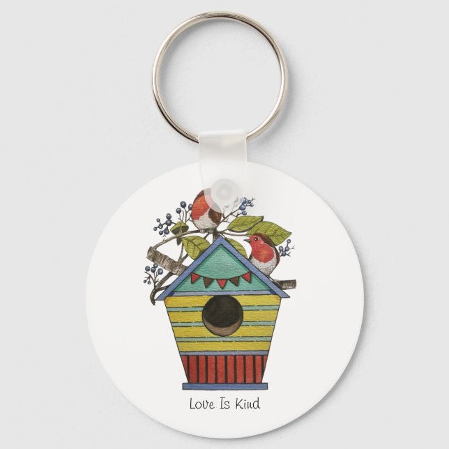 Robins With Blueberries And Birdhouse Key Ring (Front)