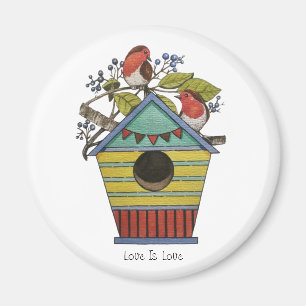Robins With Blueberries And Birdhouse Magnet