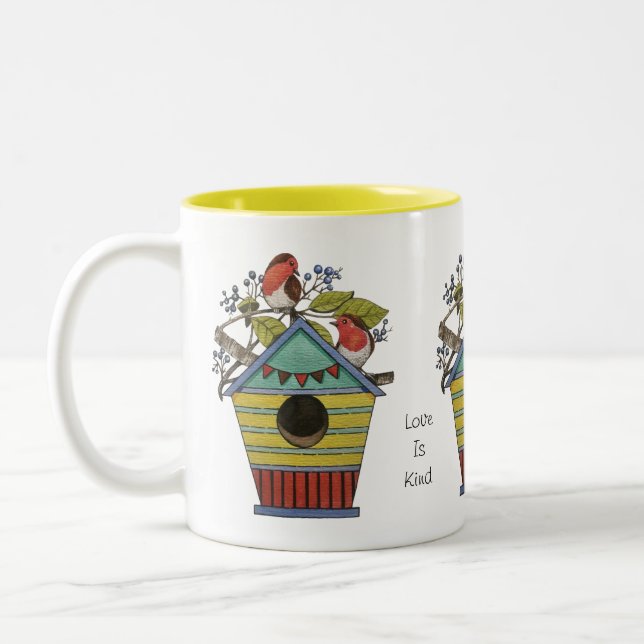 Robins With Blueberries And Birdhouse Two-Tone Coffee Mug (Left)