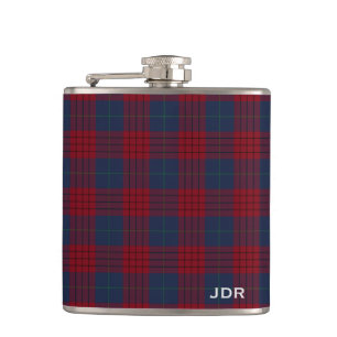 Robinson Tartan Monogram Navy Blue and Red Plaid Hip Flask
