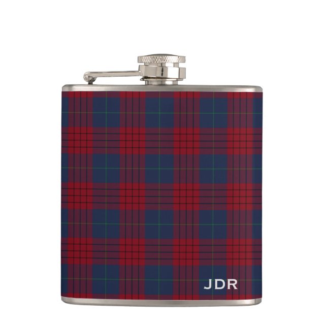 Robinson Tartan Monogram Navy Blue and Red Plaid Hip Flask (Front)