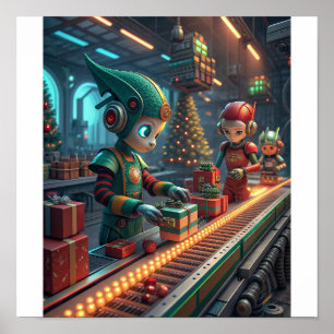 Robo-Elves at Work   Futuristic Holiday Puzzle  Poster