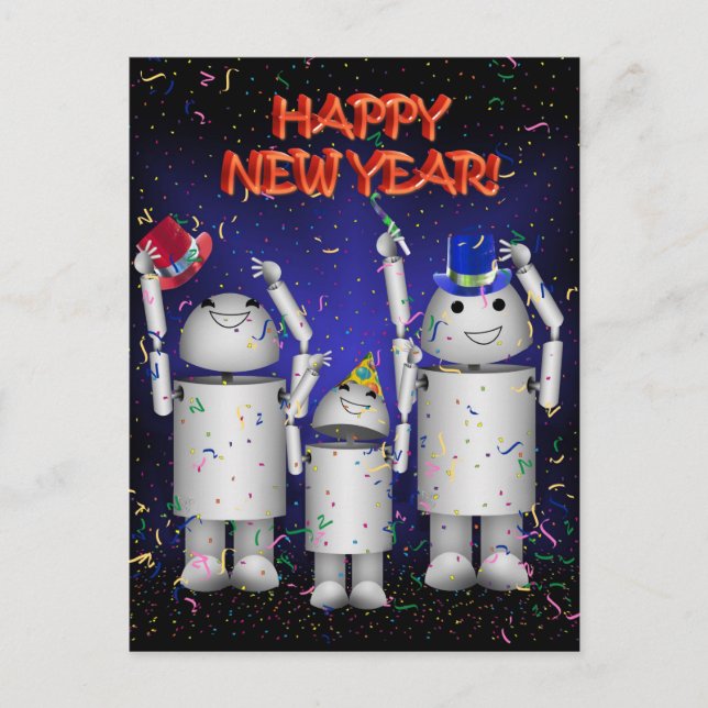 Robo-x9 & Family Celebrate the New Year! Holiday Postcard (Front)