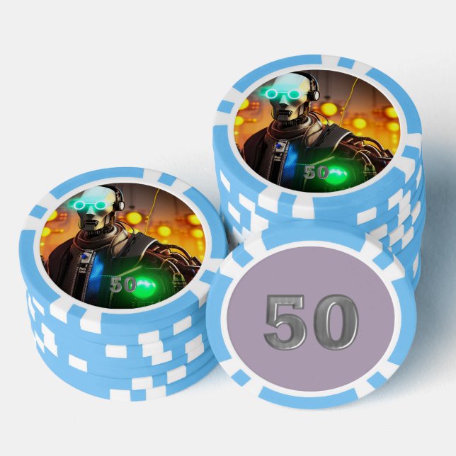 Robot 2 light blue 50 striped poker chip (Stack)