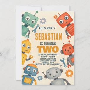 Robot 2nd Birthday Invitation