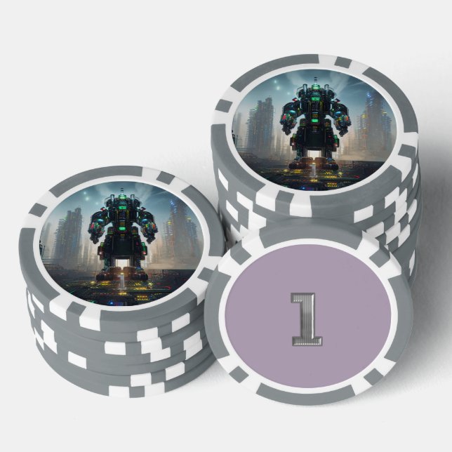 Robot 4 grey 1 striped poker chip (Stack)