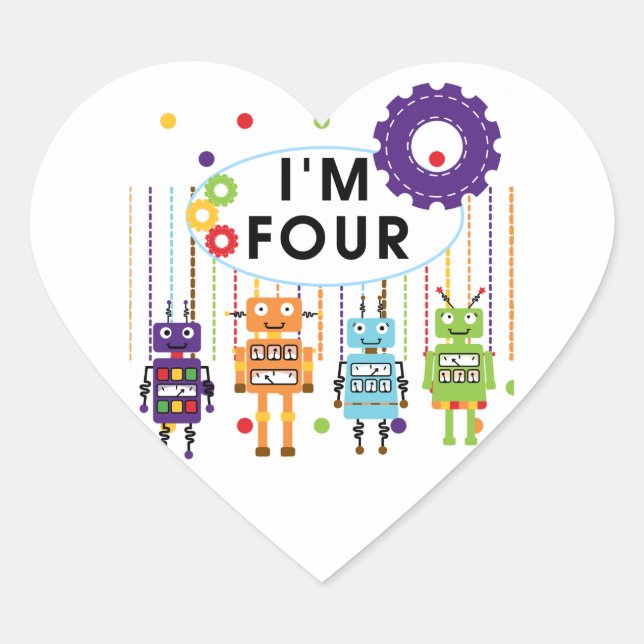Robot 4th Birthday Tshirts and Gifts Heart Sticker (Front)