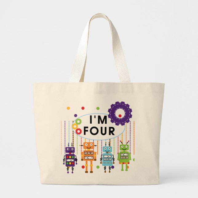 Robot 4th Birthday Tshirts and Gifts Large Tote Bag (Front)
