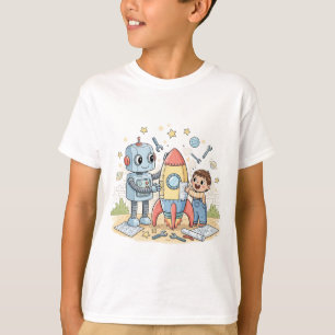 Robot and Child Building a Rocket – Hand-Drawn STE T-Shirt