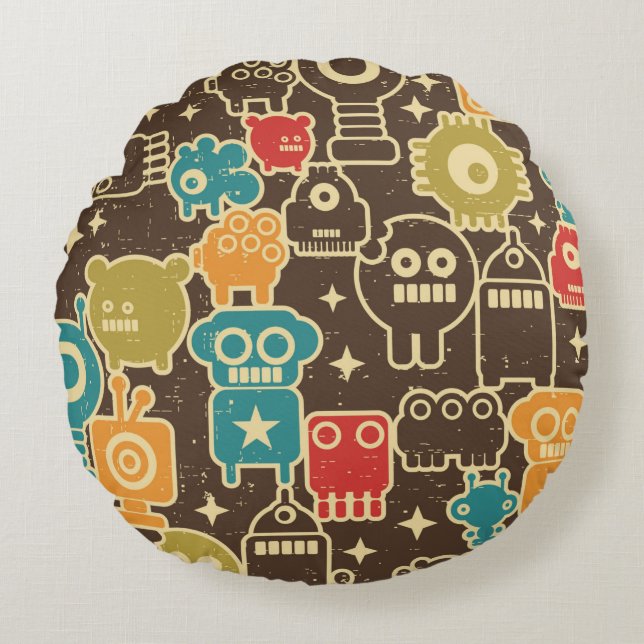 Robot and monsters modern seamless pattern in retr round cushion (Front)