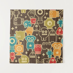 Robot and monsters modern seamless pattern in retr tapestry