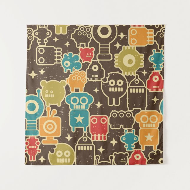 Robot and monsters modern seamless pattern in retr tapestry (Front)