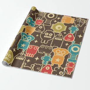 Robot and monsters modern seamless pattern in retr wrapping paper