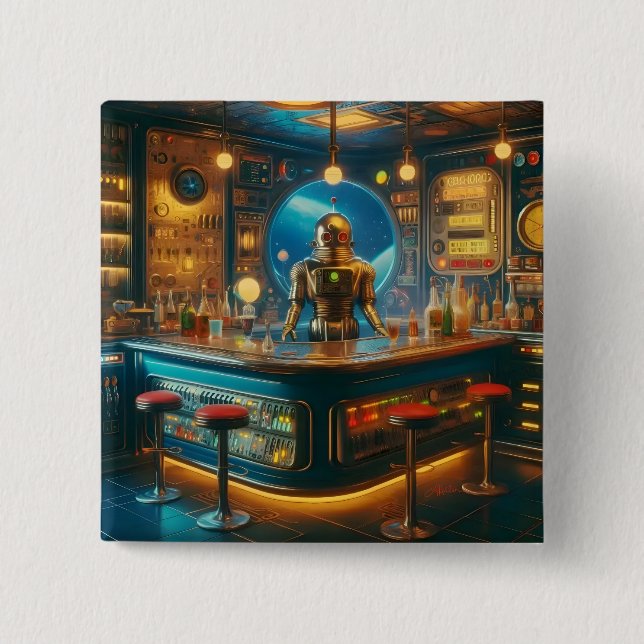 Robot Bartender in Interstellar Space Age Dive Bar 15 Cm Square Badge (Front)