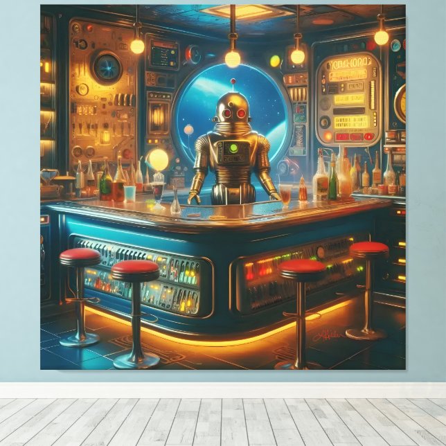 Robot Bartender in Interstellar Space Age Dive Bar Canvas Print (Insitu(Wood Floor))