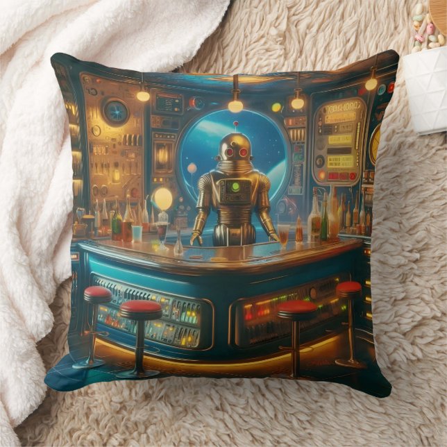 Robot Bartender in Interstellar Space Age Dive Bar Cushion (Blanket)
