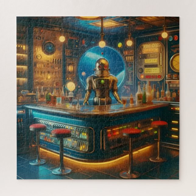 Robot Bartender in Interstellar Space Age Dive Bar Jigsaw Puzzle (Vertical)