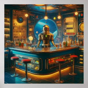 Robot Bartender in Interstellar Space Age Dive Bar Poster