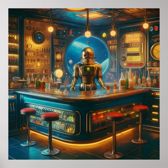 Robot Bartender in Interstellar Space Age Dive Bar Poster (Front)