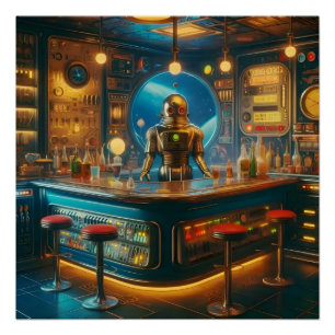 Robot Bartender in Interstellar Space Age Dive Bar Poster