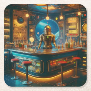 Robot Bartender in Interstellar Space Age Dive Bar Square Paper Coaster
