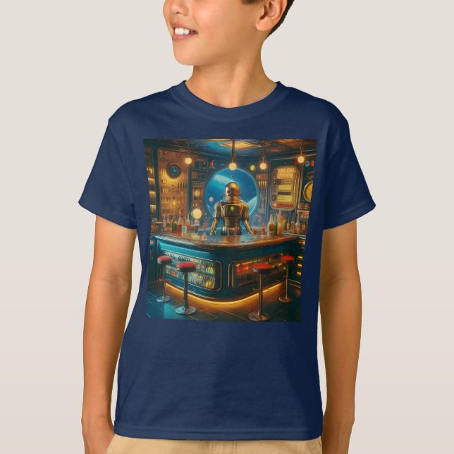 Robot Bartender in Interstellar Space Age Dive Bar T-Shirt (Front)
