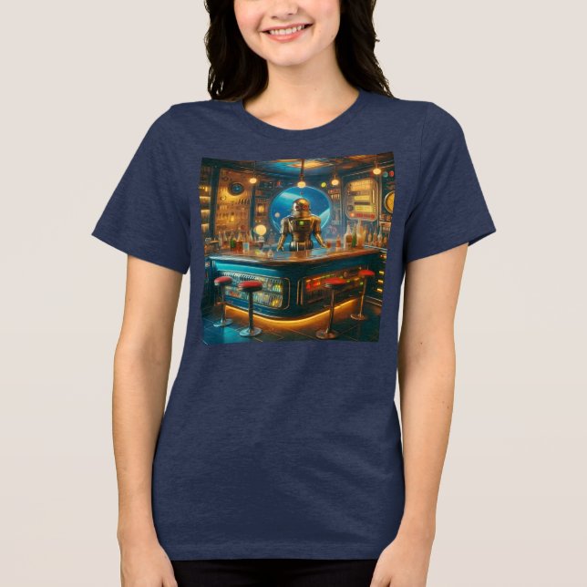 Robot Bartender in Interstellar Space Age Dive Bar Tri-Blend Shirt (Front)