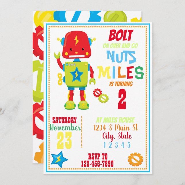 Robot Birthday Invitation (Front/Back)