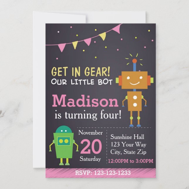 Robot Birthday Invitation (girl) (Front)