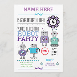 ROBOT Birthday Party Blue Gears Cogs Robots Invite
