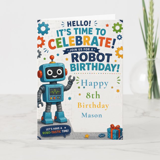 Robot Birthday Party Card (Front)