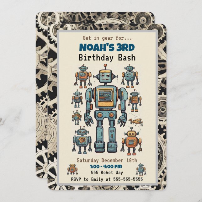 Robot Birthday Party Invitation (Front/Back)