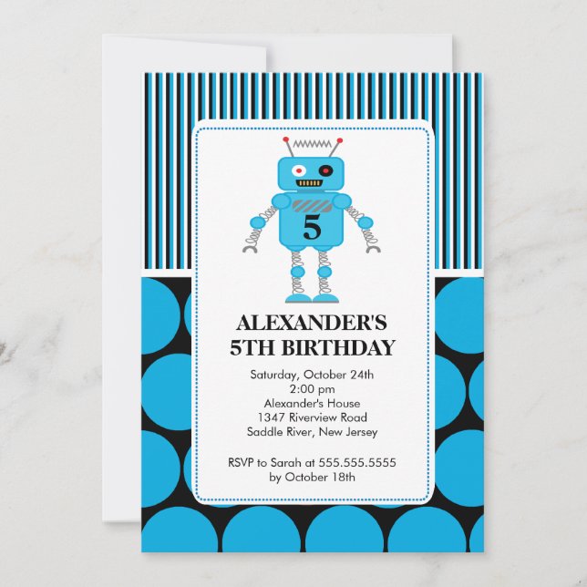 Robot Birthday Party Invitation Blue / Black (Front)