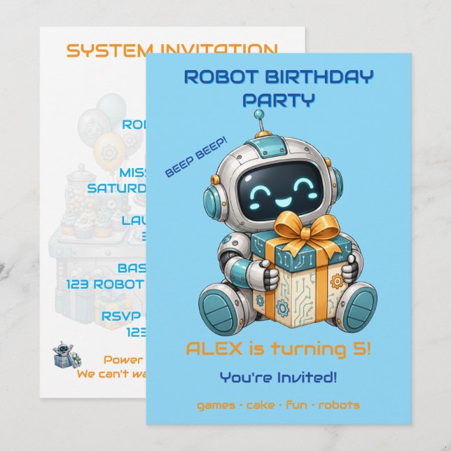 Robot Birthday Party Invitation Boy Tech Beep Beep (Front/Back)