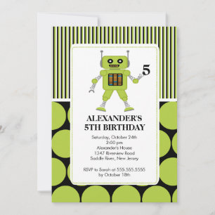 Robot Birthday Party Invitation Lime / Black