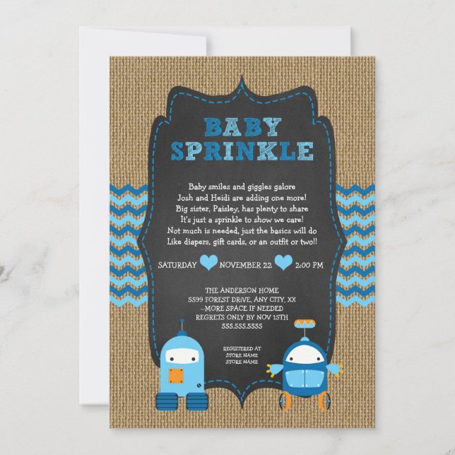 ROBOT BOY baby sprinkle / burlap chalkboard RUSTIC Invitation (Front)