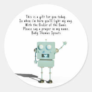 Robot boy. Prayer candle label