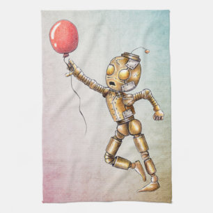 Robot Chasing A Red Balloon Kitchen Towel