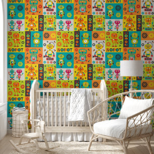 Robot Colourful Fun Orange Green Yellow Pattern Wallpaper